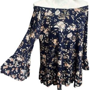 Cosmo Vintage navy floral off shoulder 3/4 ruffle sleeve (5NWT-0013)